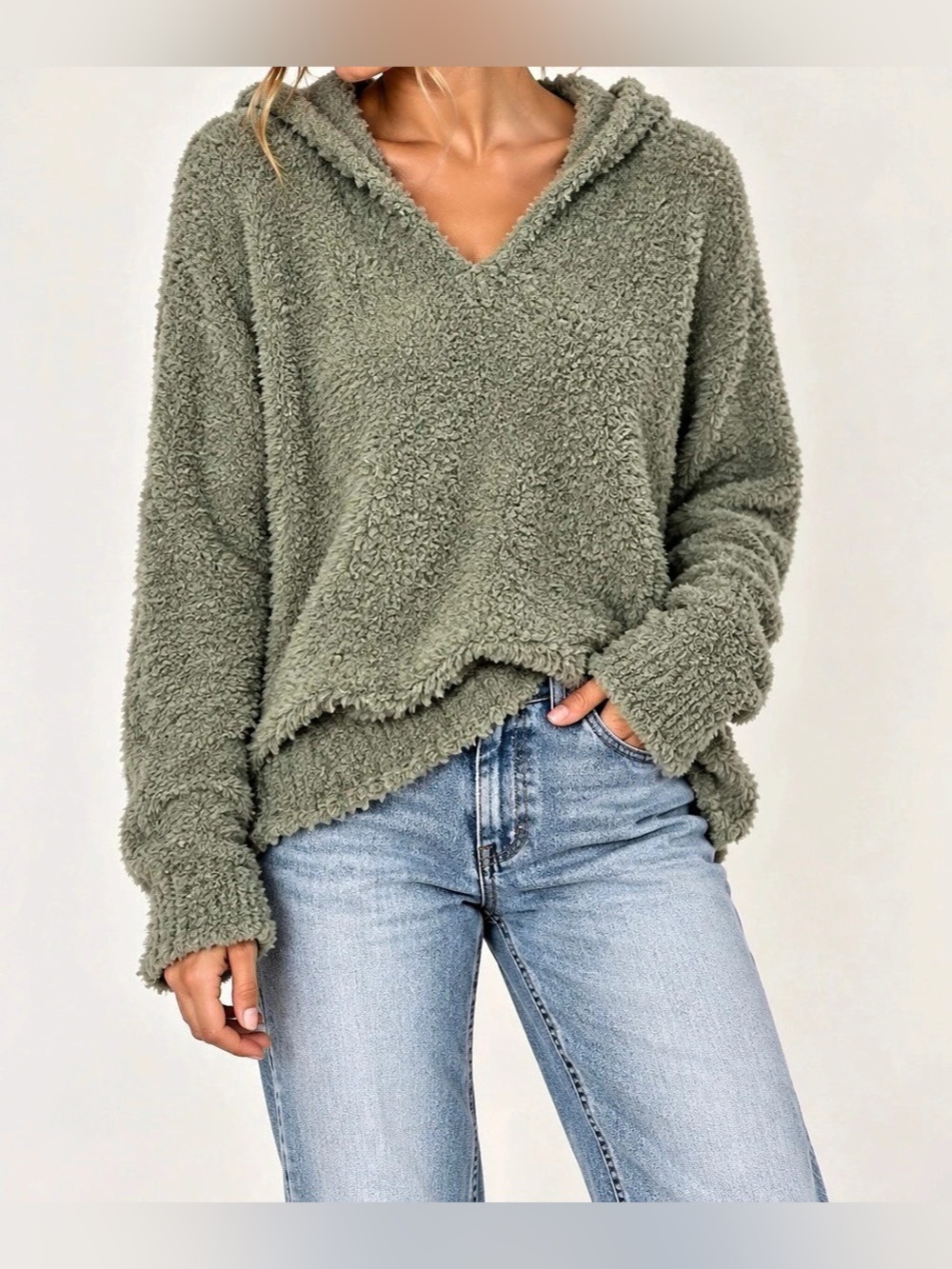 POL Sage Green V-Neck Hooded Sherpa Pullover - Size M